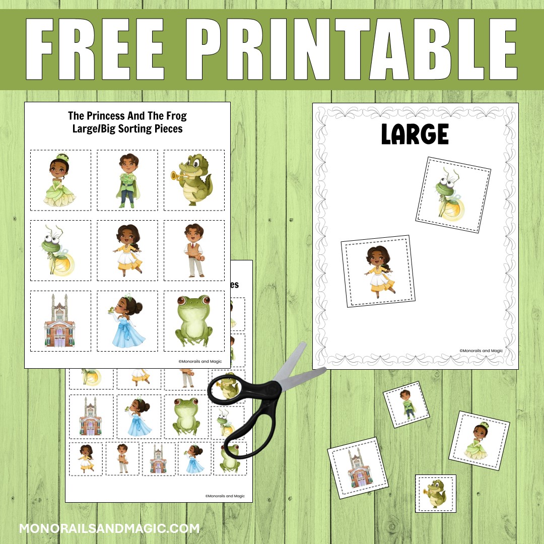 Free printable The Princess and the Frog sort by size activity for kids.