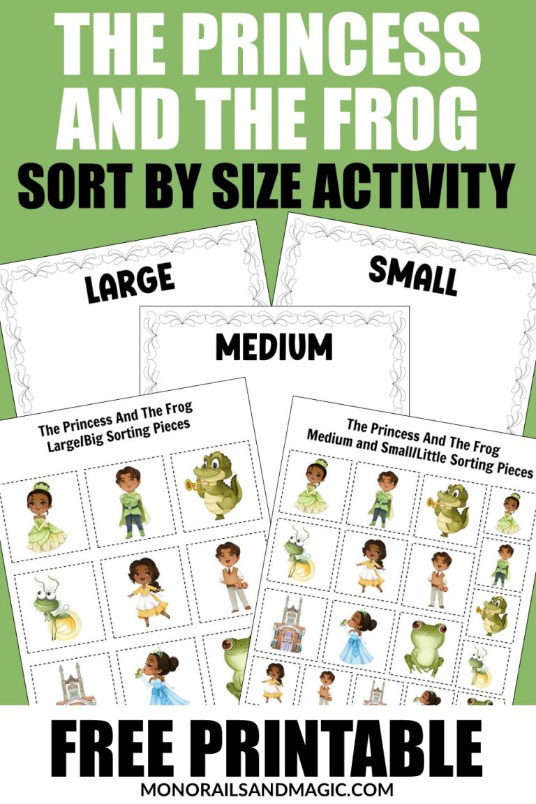 Free printable The Princess and the Frog sort by size activity for kids.