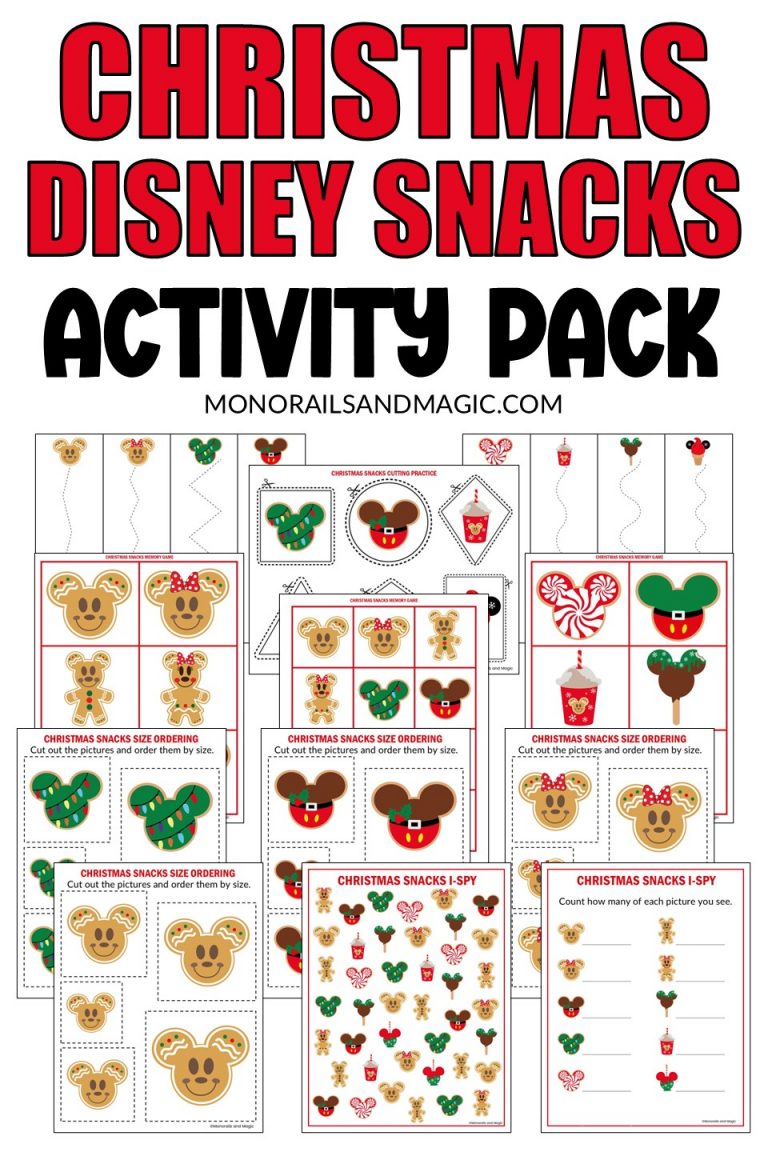 Printable activity pack for kids with a Disney snacks theme.