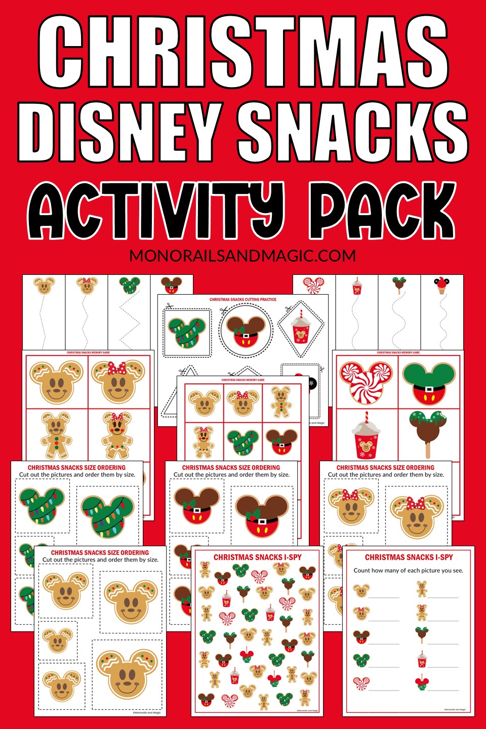 Activity pack for kids with a Disney Christmas snacks theme.