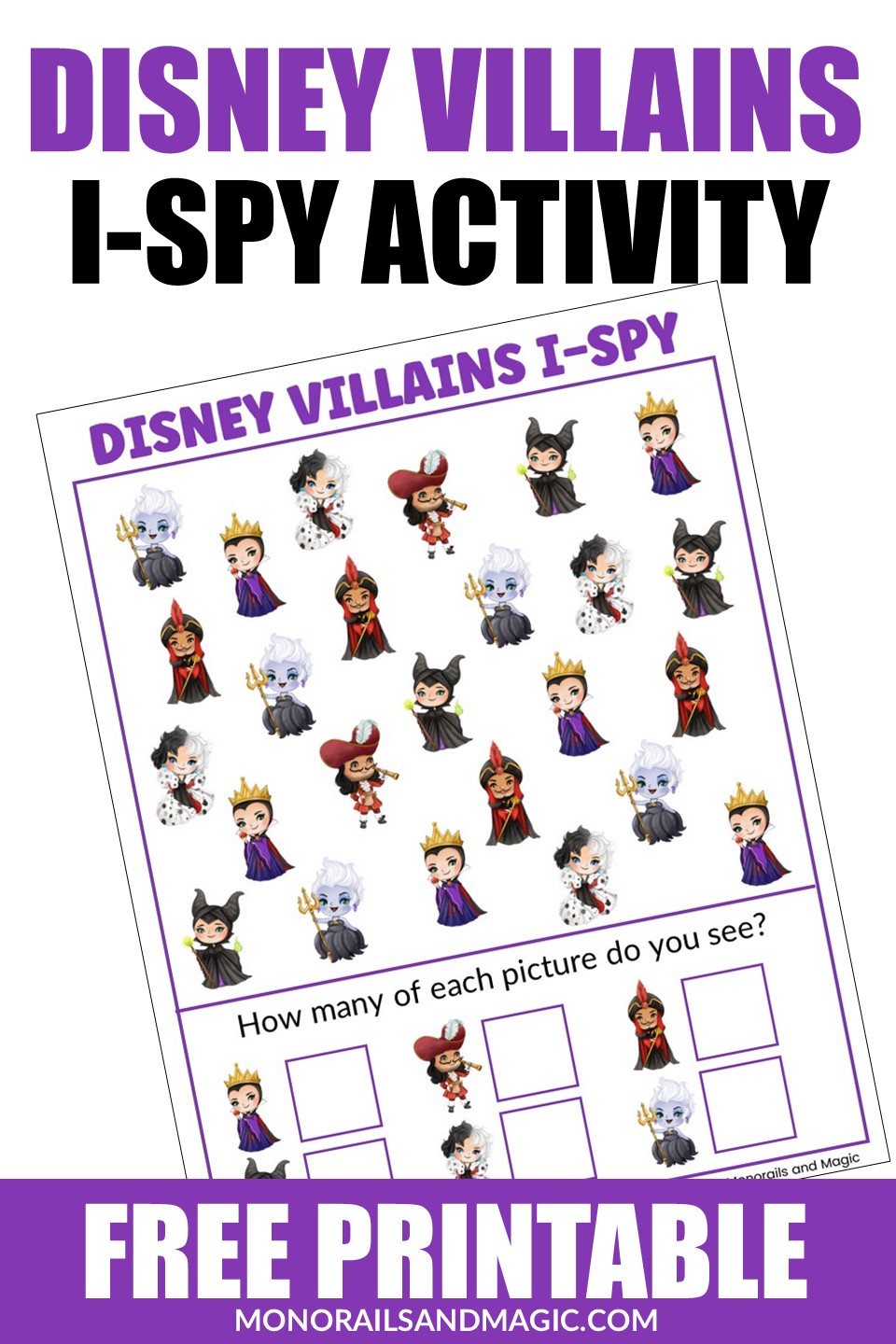 Free printable Disney villains themed I-spy activity for kids.