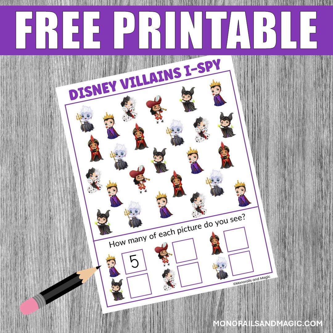 Free printable Disney villains themed I-spy activity for kids.