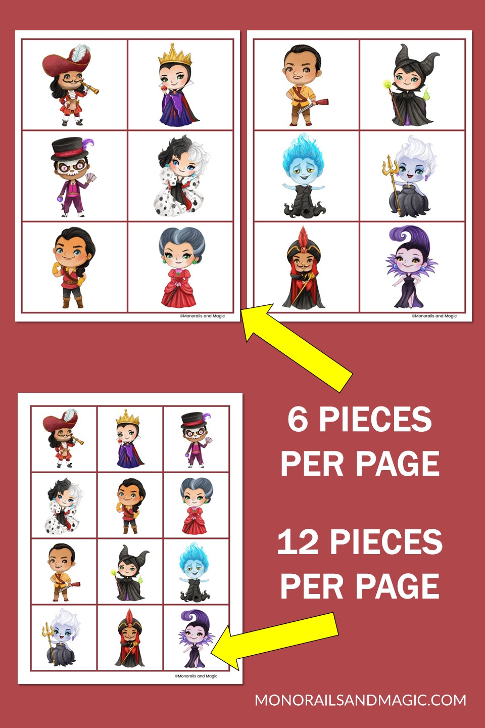Free printable Disney villains memory game for kids.