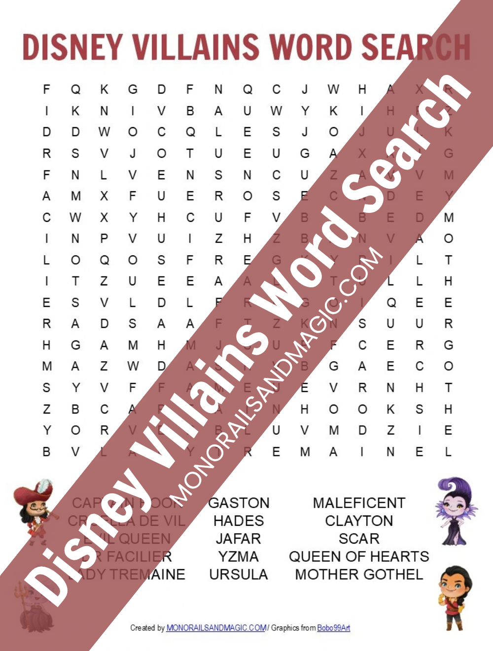 Free printable Disney villains word search for kids.
