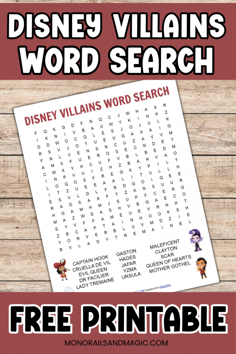 Free printable Disney villains word search for kids.