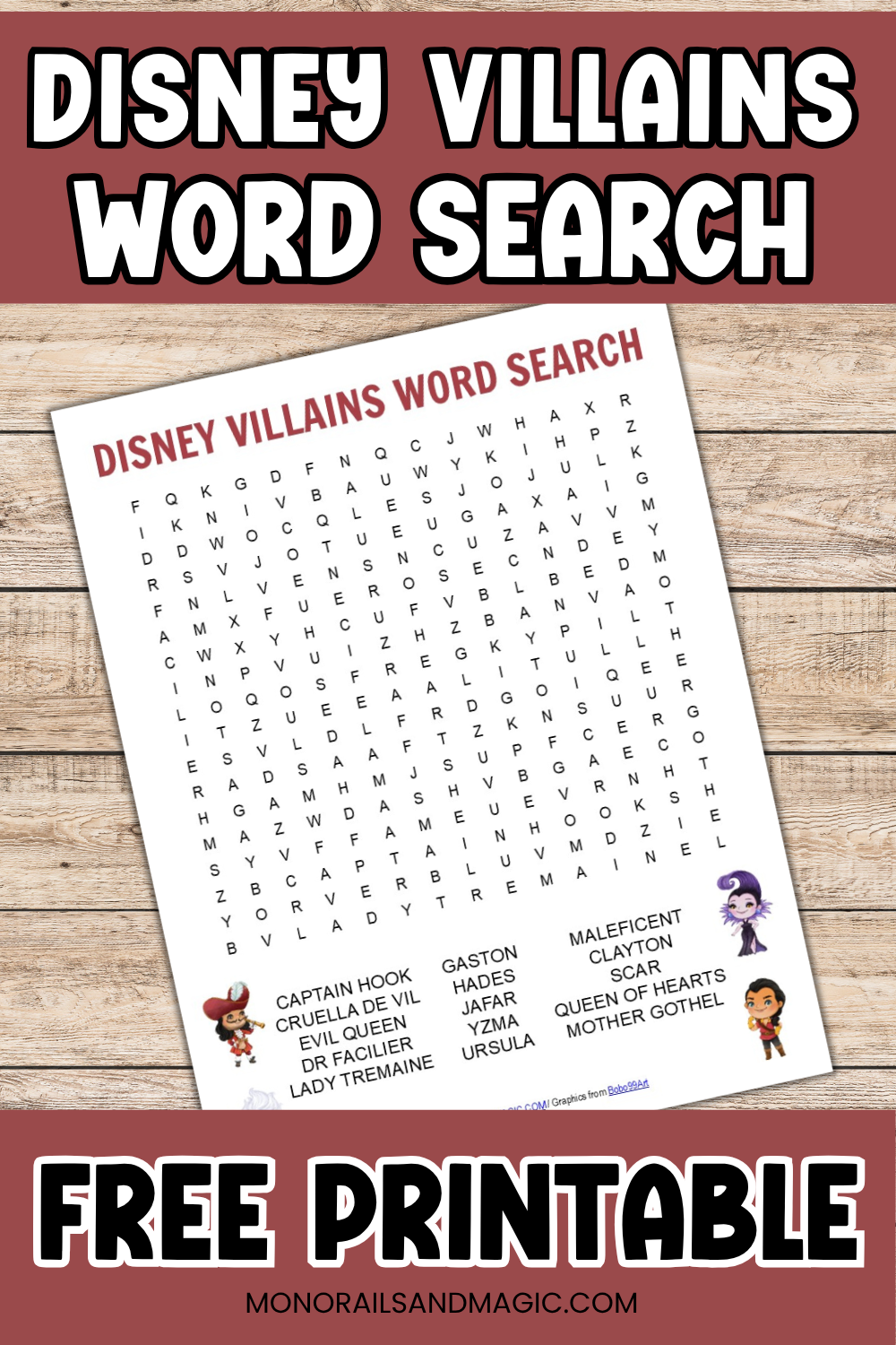 Free printable Disney villains word search for kids.