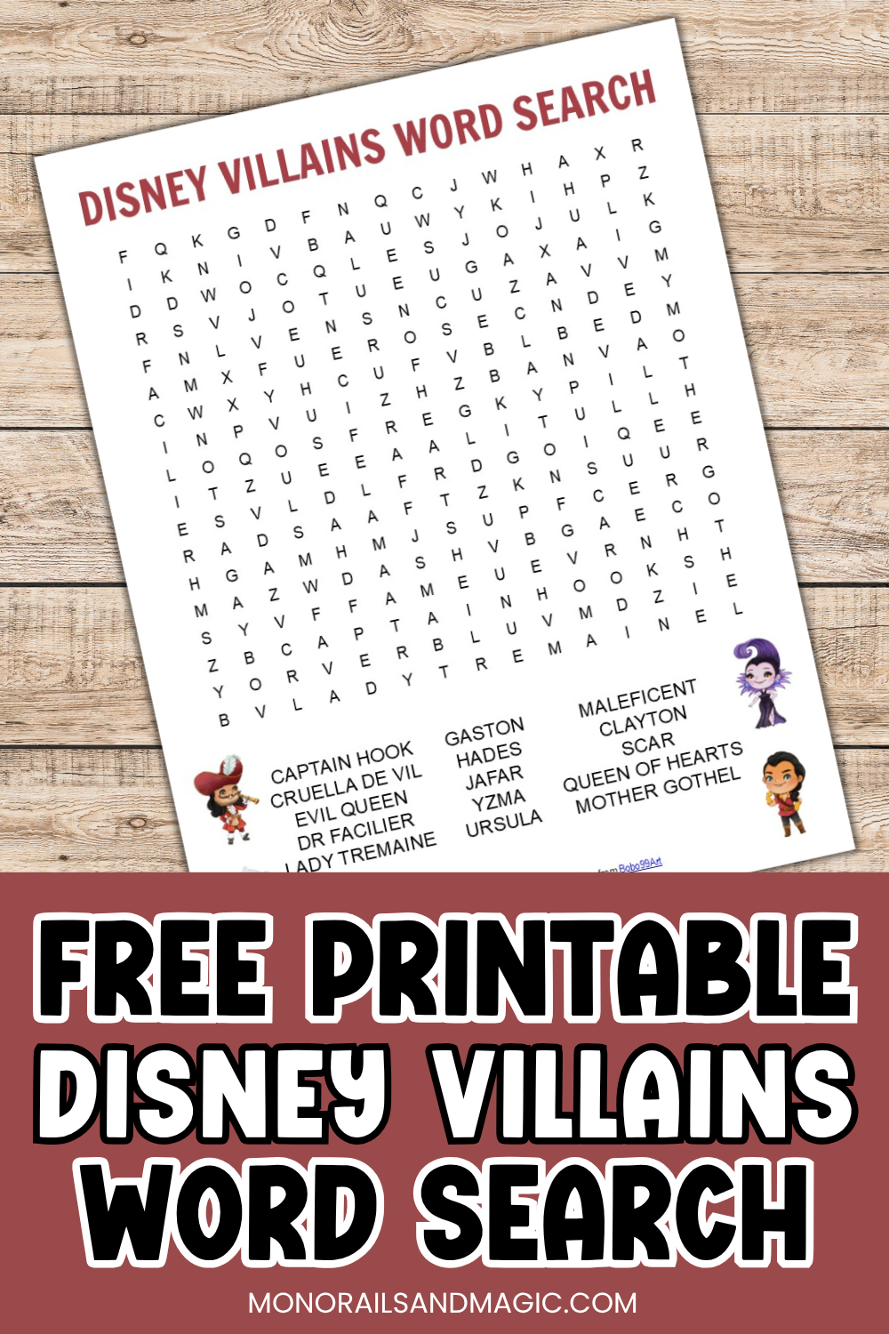 Free printable Disney villains word search for kids.