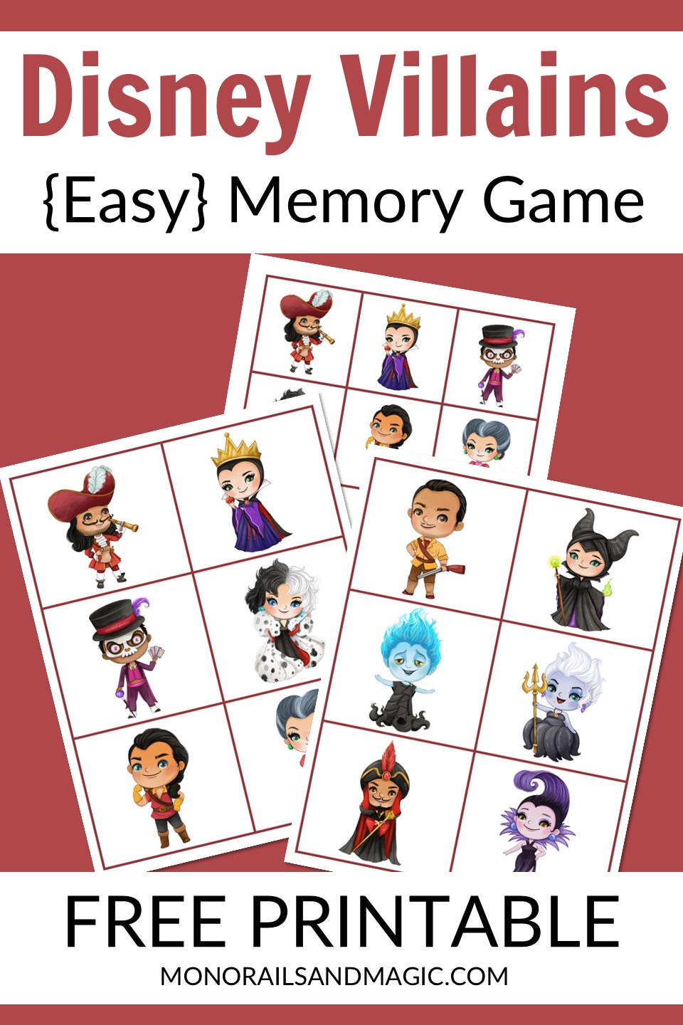 Free printable Disney villains memory game for kids.