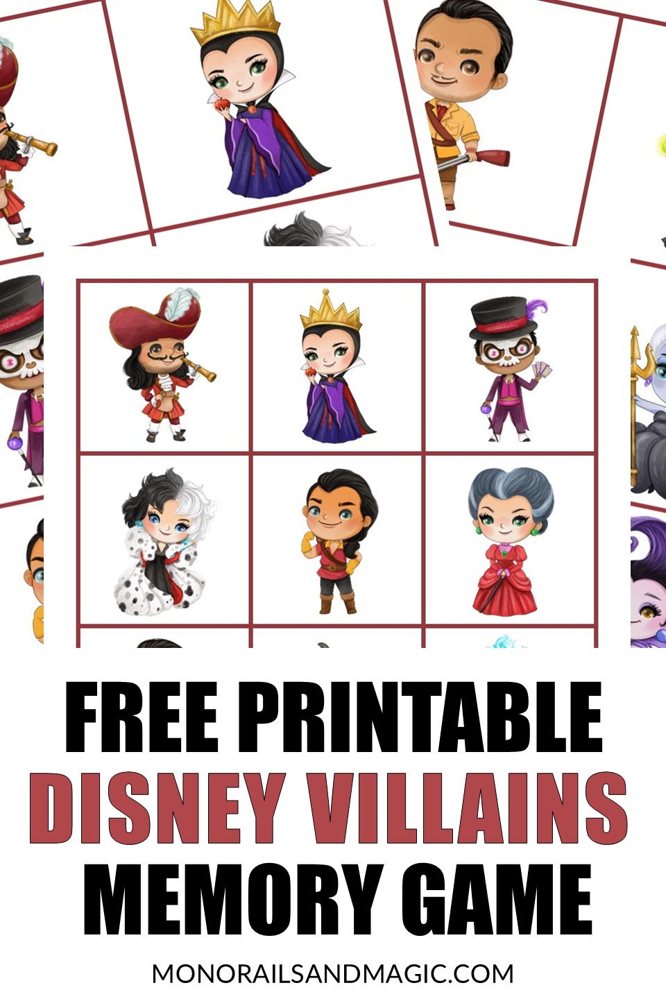 Free printable Disney villains memory game for kids.