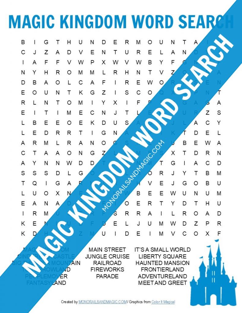 Free printable Magic Kingdom word search for kids.