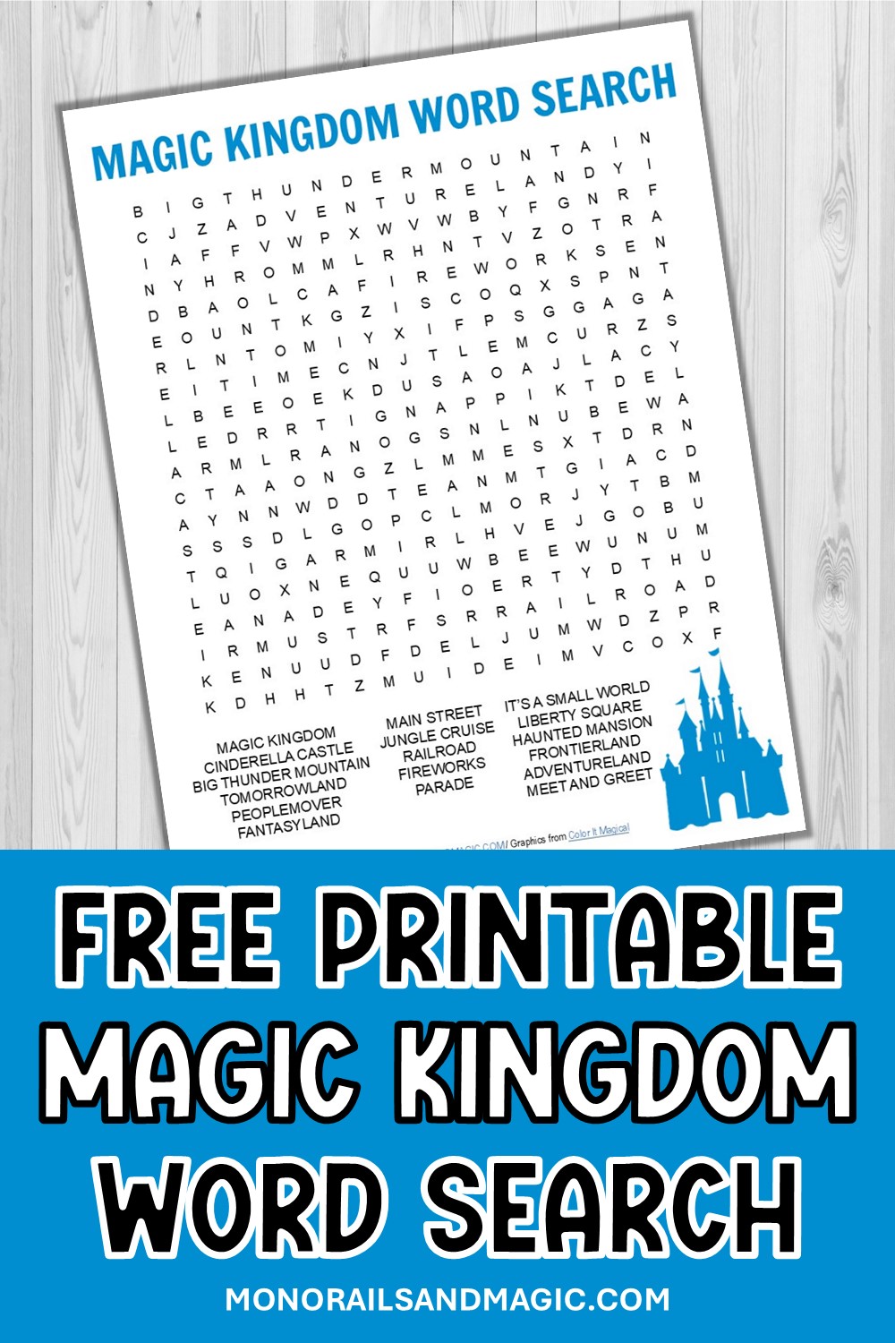 Free printable Magic Kingdom word search for kids.