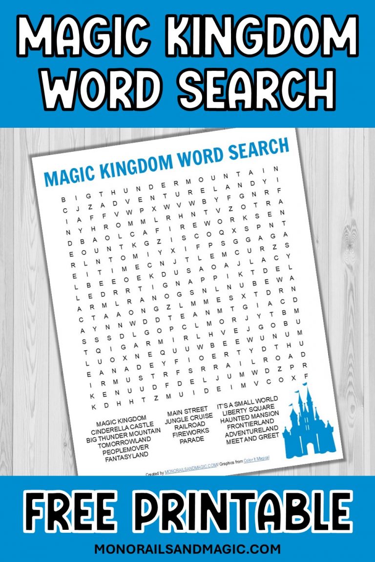 Free printable Magic Kingdom word search for kids.