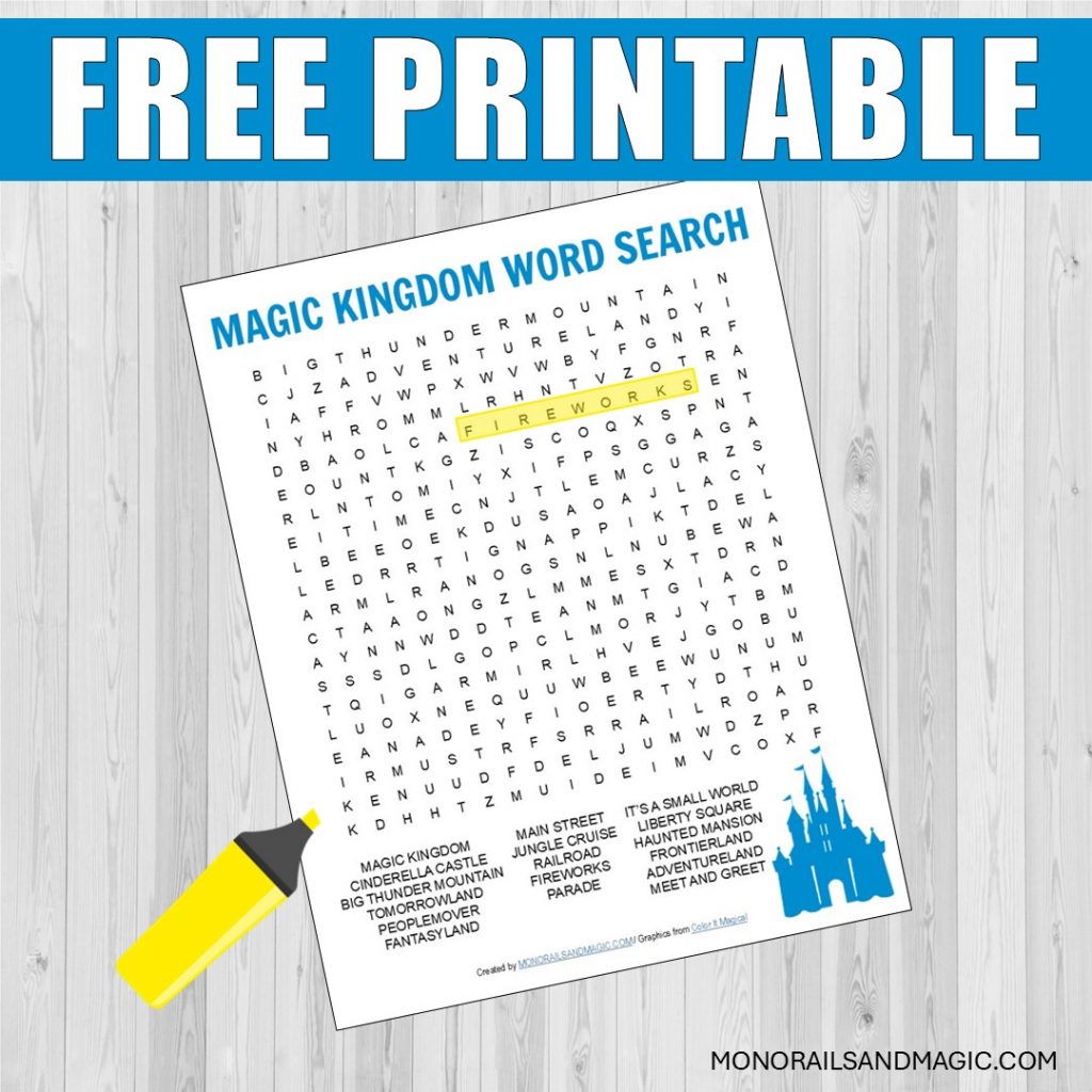 Free printable Magic Kingdom word search for kids mock up.