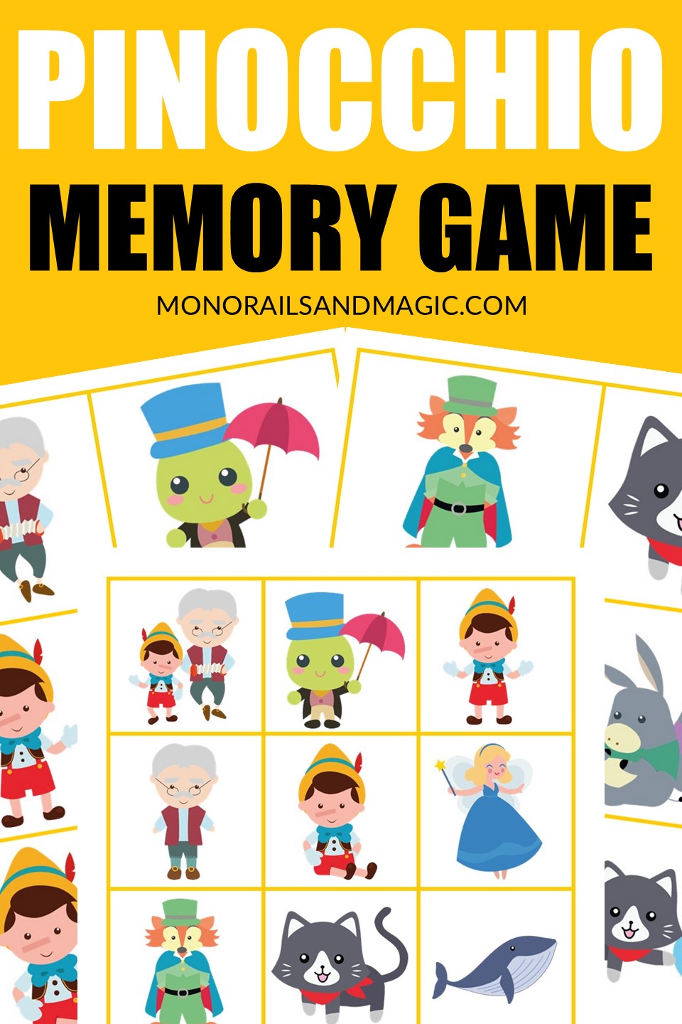 Free printable Pinocchio memory matching game for kids.