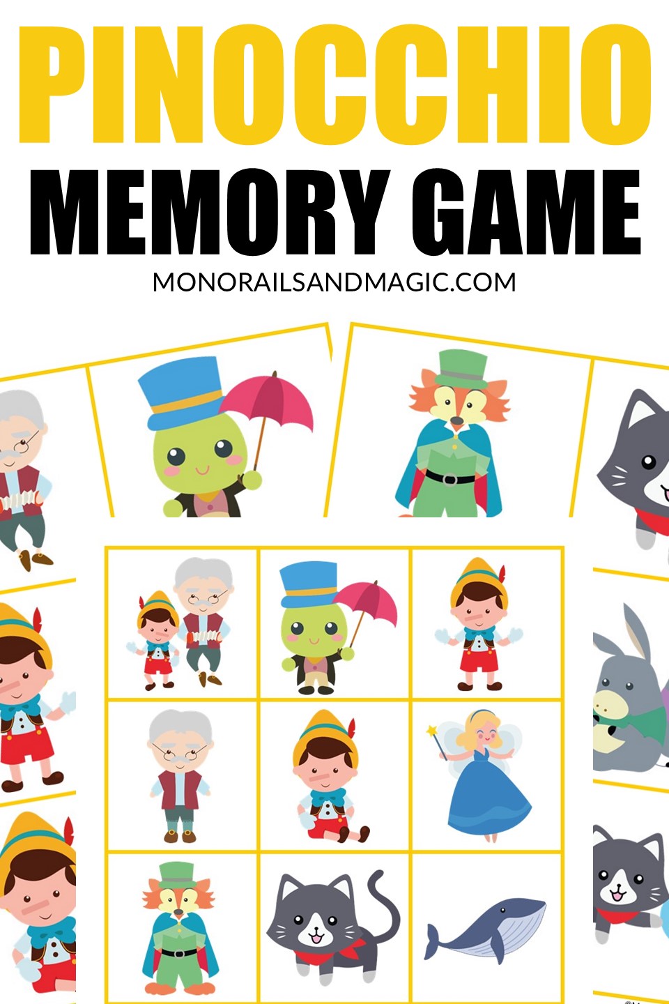 Free printable Pinocchio memory matching game for kids.