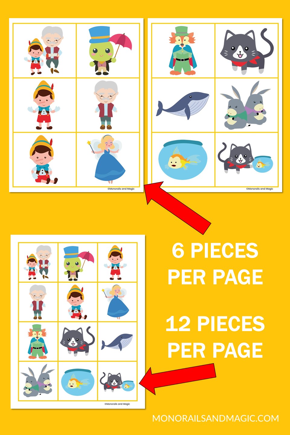 Free printable Pinocchio memory matching game pieces.