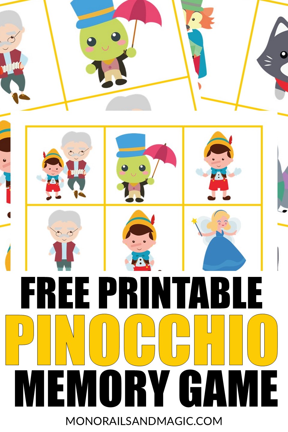 Free printable Pinocchio memory matching game for kids.