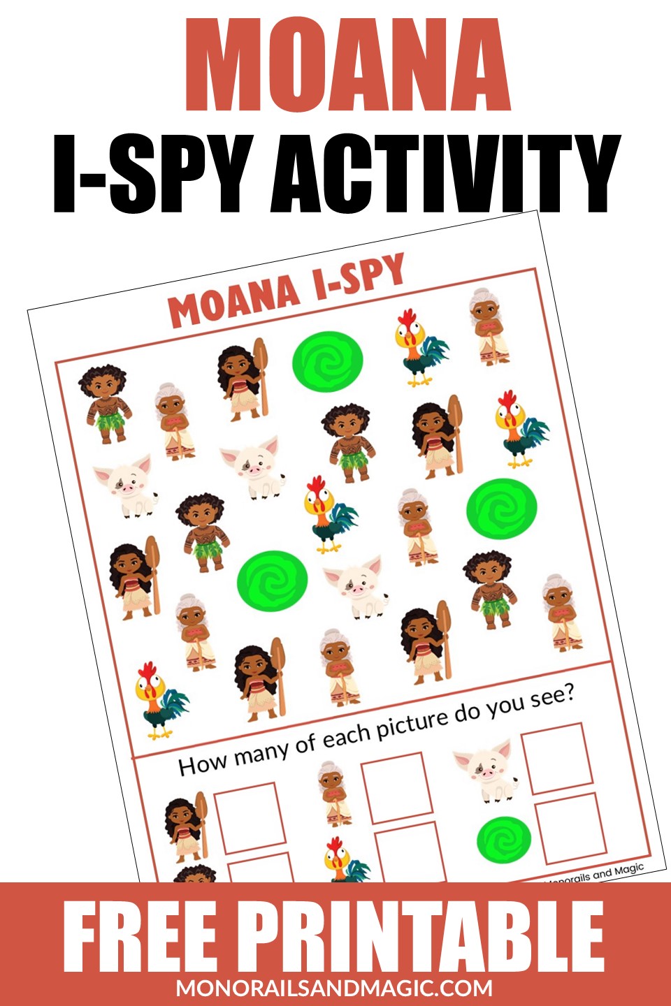 Free printable Moana I-Spy activity for kids.