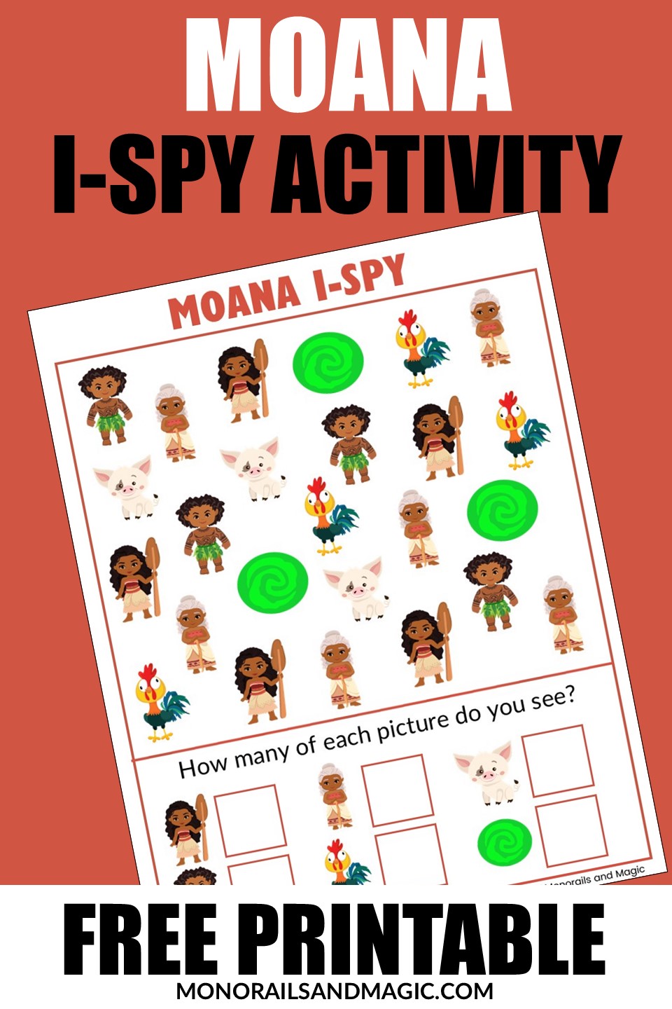 Free printable Moana I-Spy activity for kids.