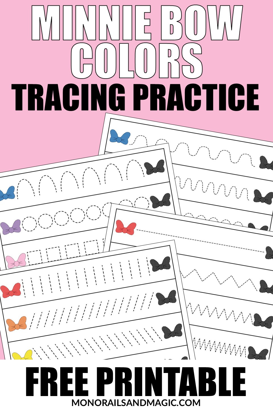 Free printable Minnie bow themed tracing practice pages for kids.