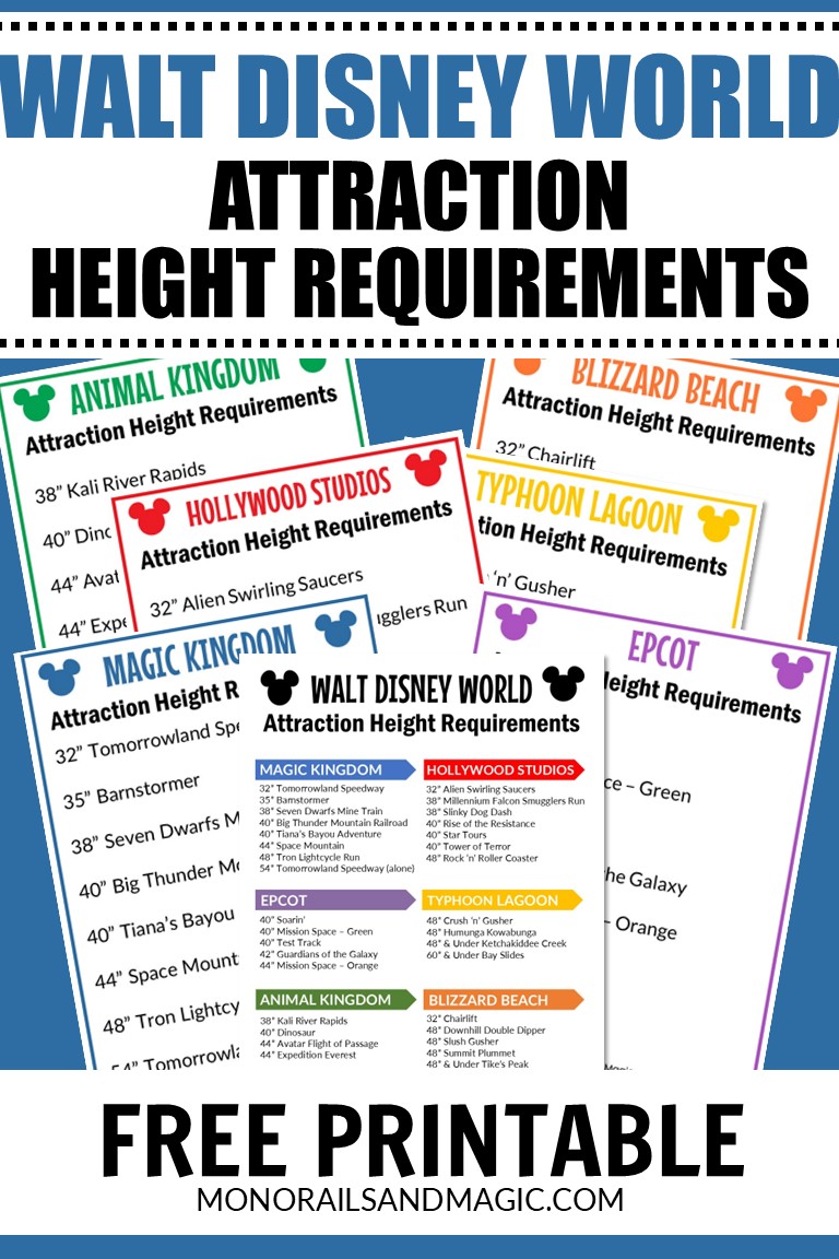 Free printable lists of the height requirements for all Walt Disney World attractions.