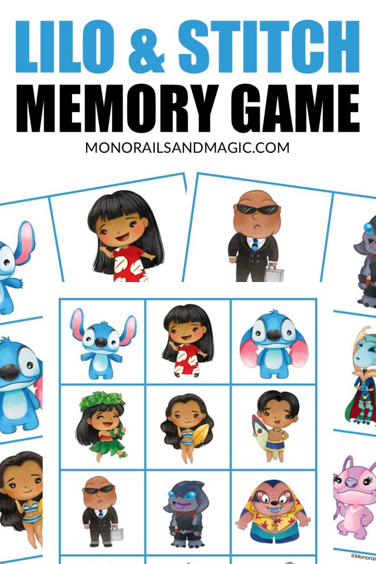 Free printable Lilo and Stitch memory game for kids.