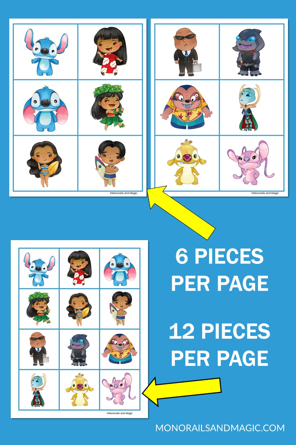 Free printable Lilo and Stitch memory matching game for kids.