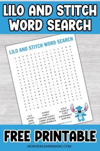 Free printable Lilo and Stitch word search for kids.