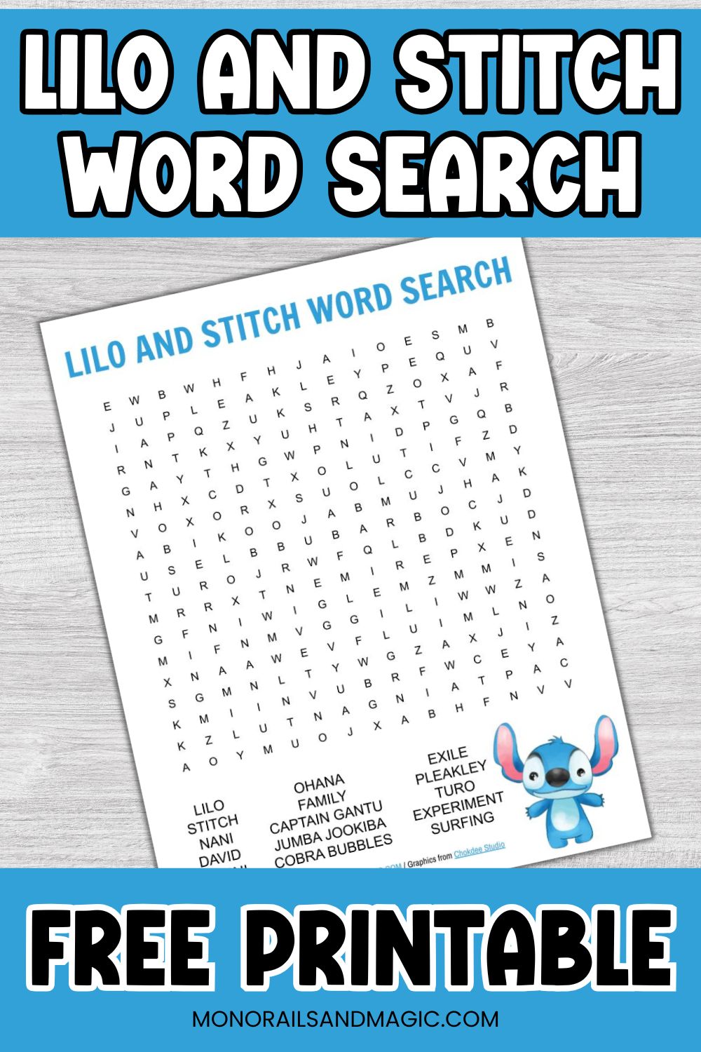 Free printable Lilo and Stitch word search for kids.
