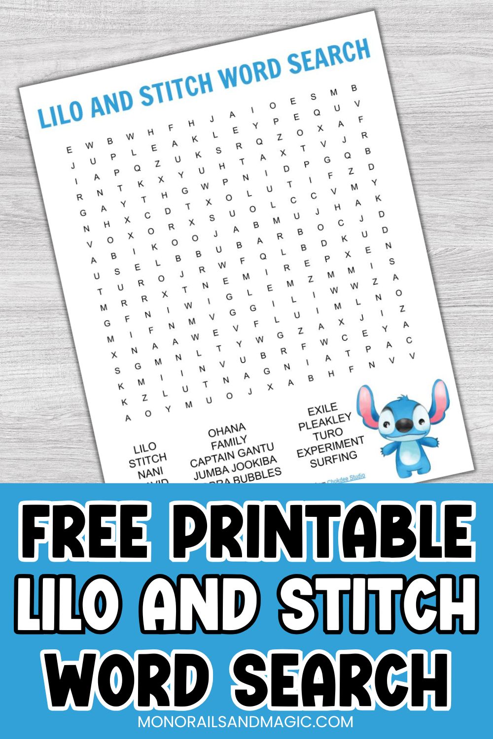 Free printable Lilo and Stitch word search for kids,