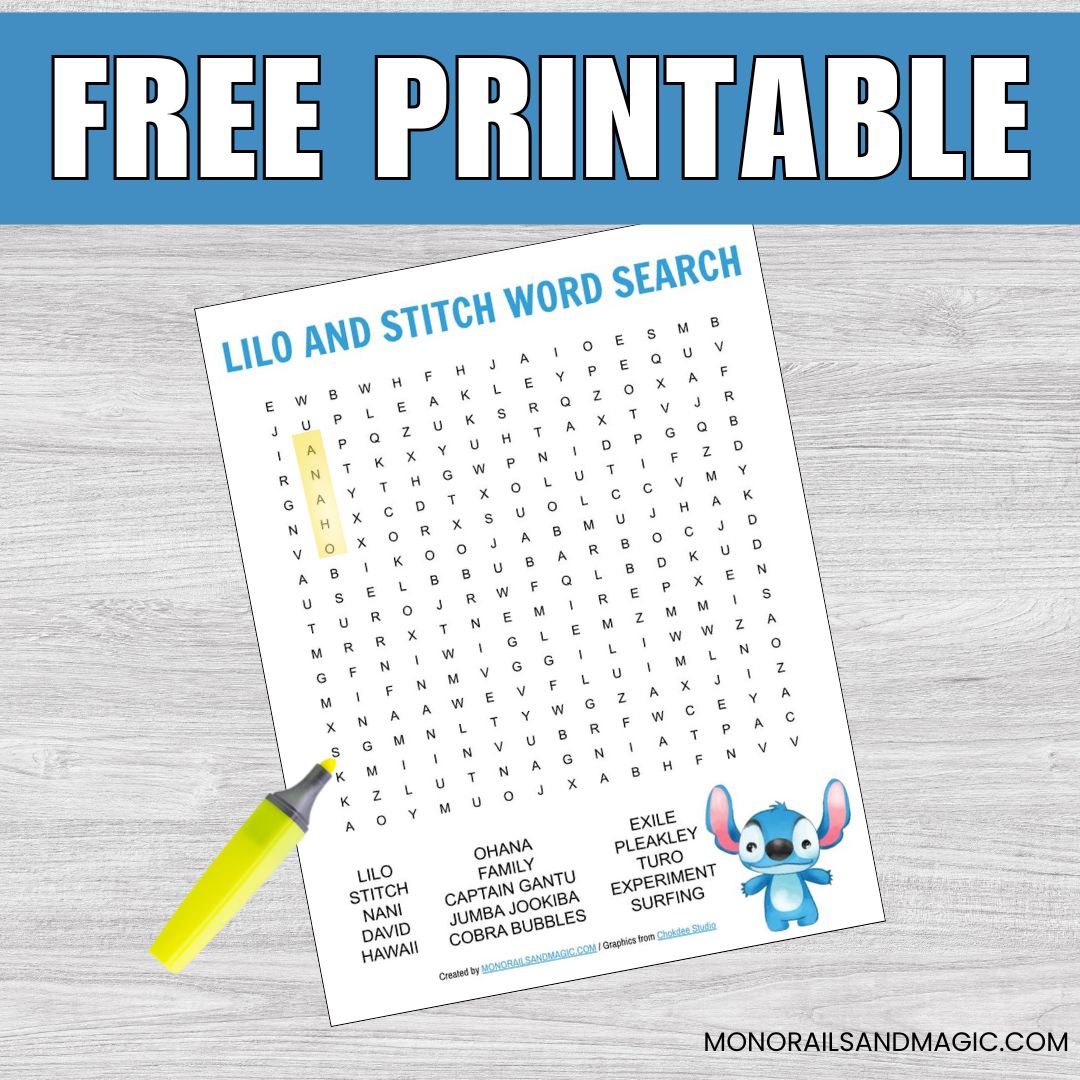 Free printable Lilo and Stitch word search for kids.