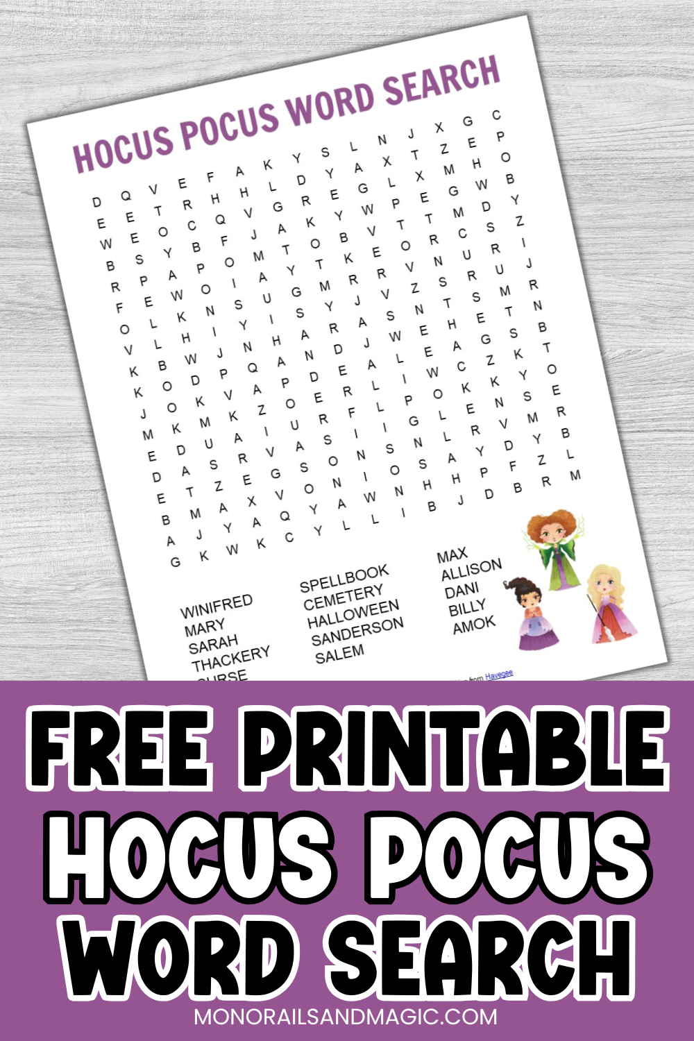Free printable Hocus Pocus word search for kids.