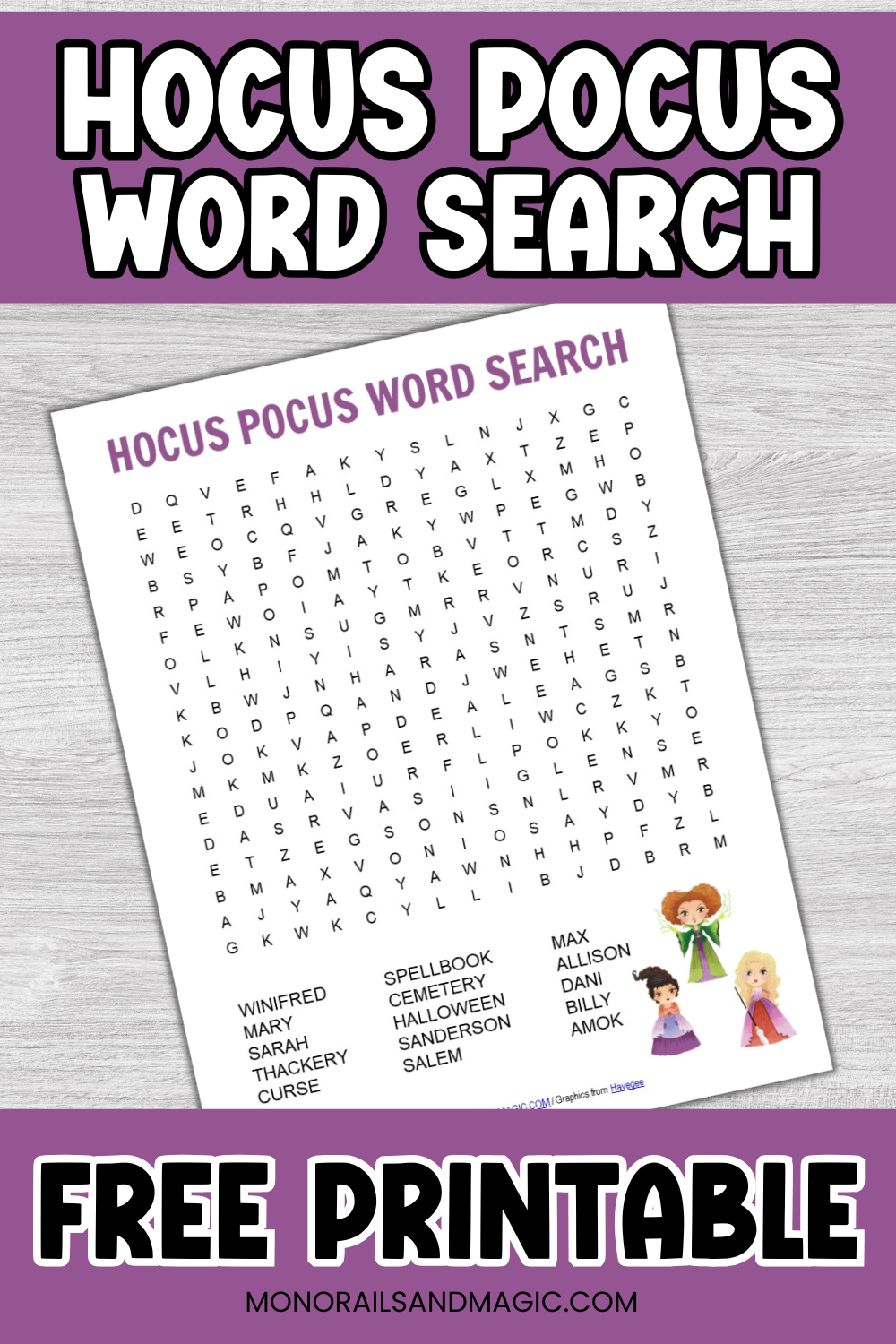 Free printable Hocus Pocus word search for kids.