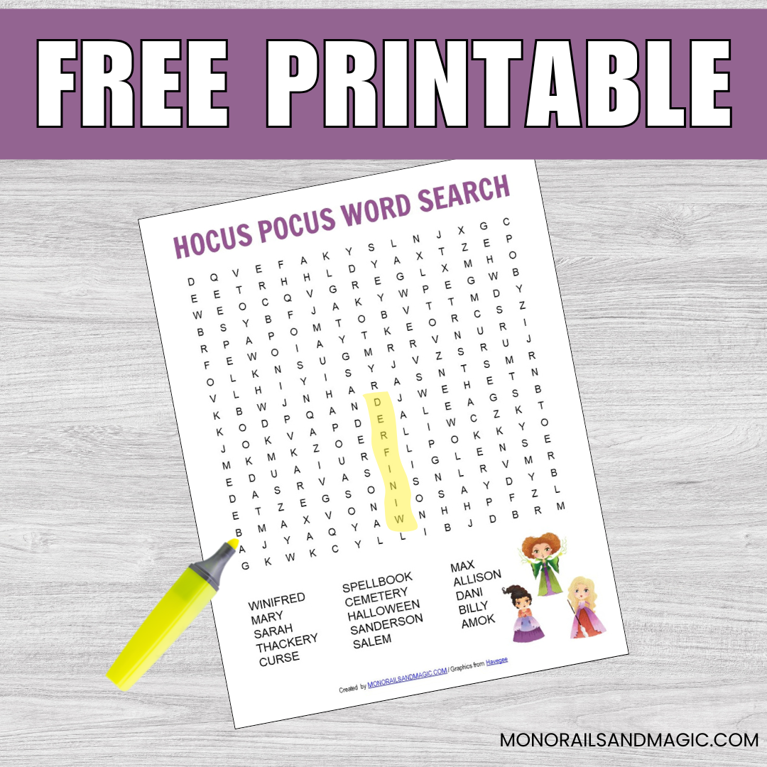 Free printable Hocus Pocus word search for kids.