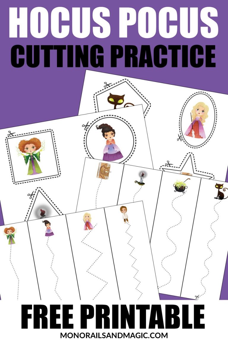 Free printable Hocus Pocus cutting practice pages for preschoolers.