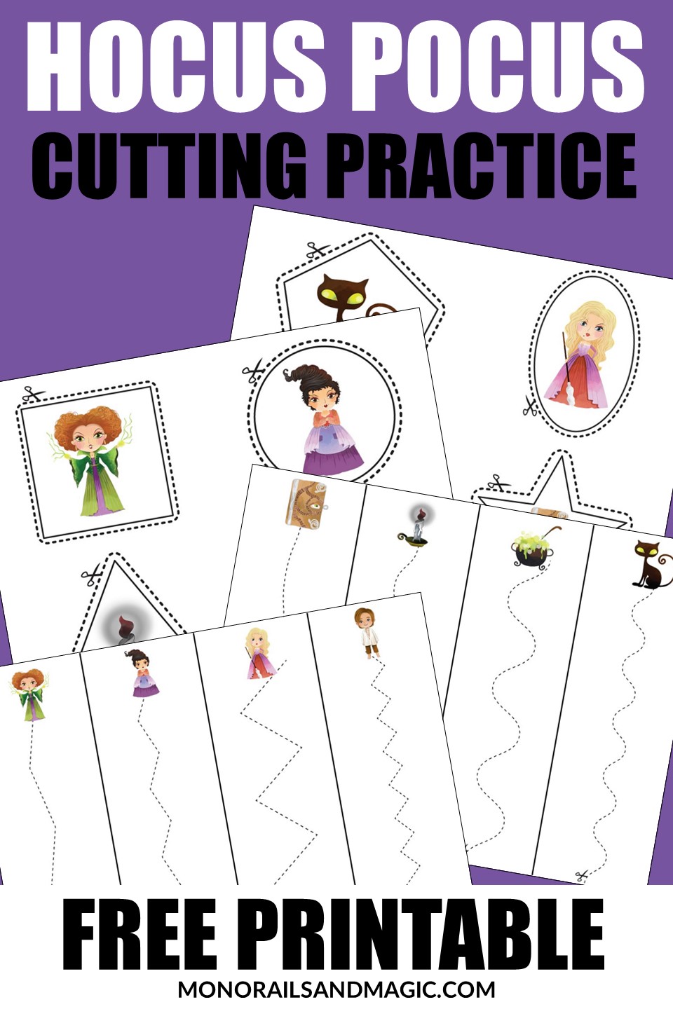 Free printable Hocus Pocus cutting practice pages for preschoolers.