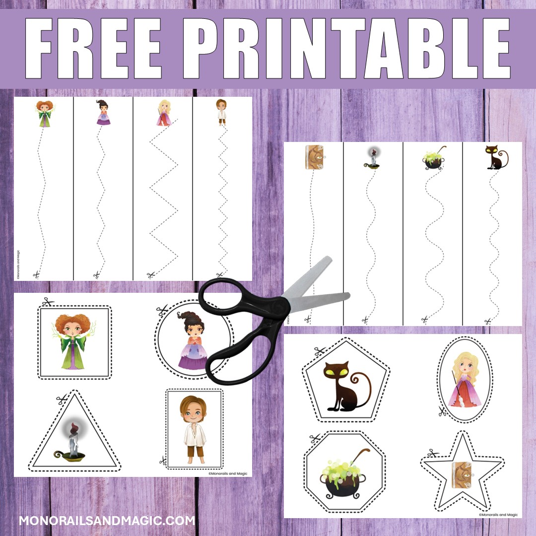 Four free printable Hocus Pocus themed cutting practice pages for kids.