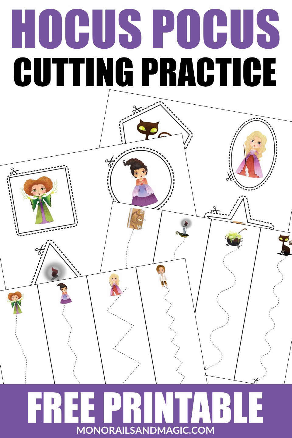 Free printable Hocus Pocus cutting practice pages for kids.