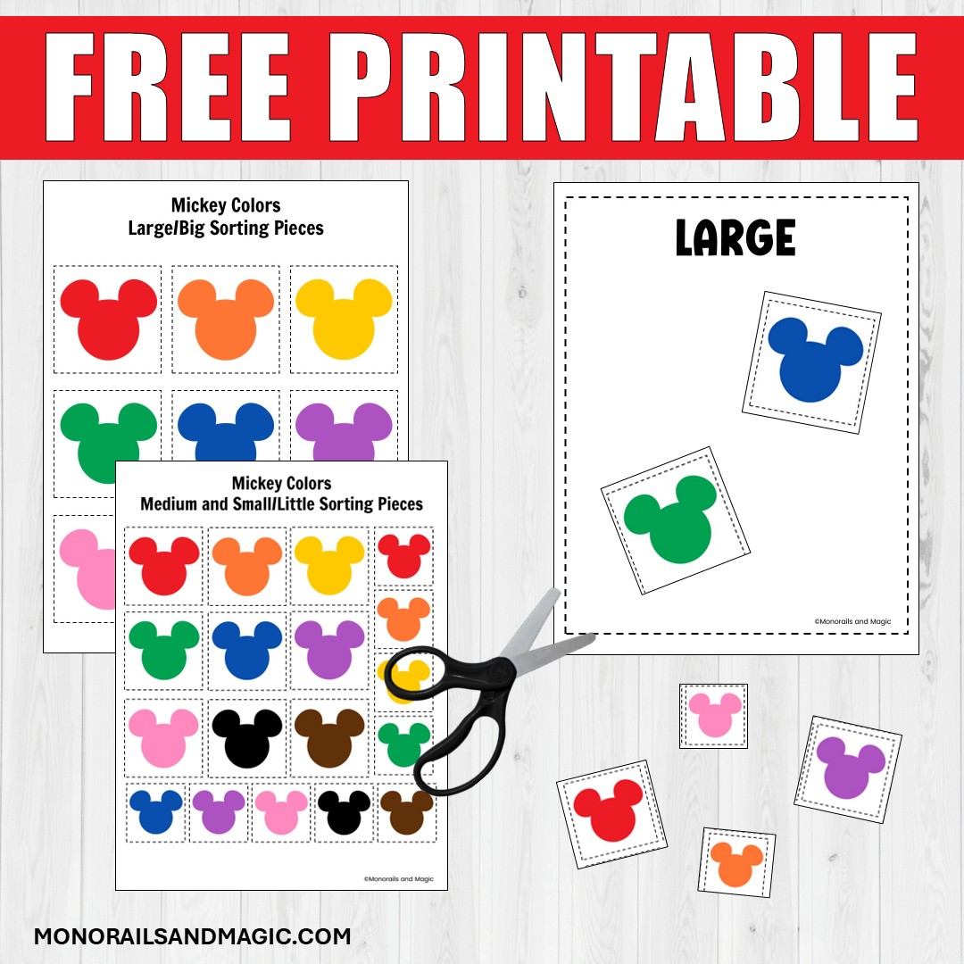Free printable sort by size activity with different colored Mickey Mouse heads.