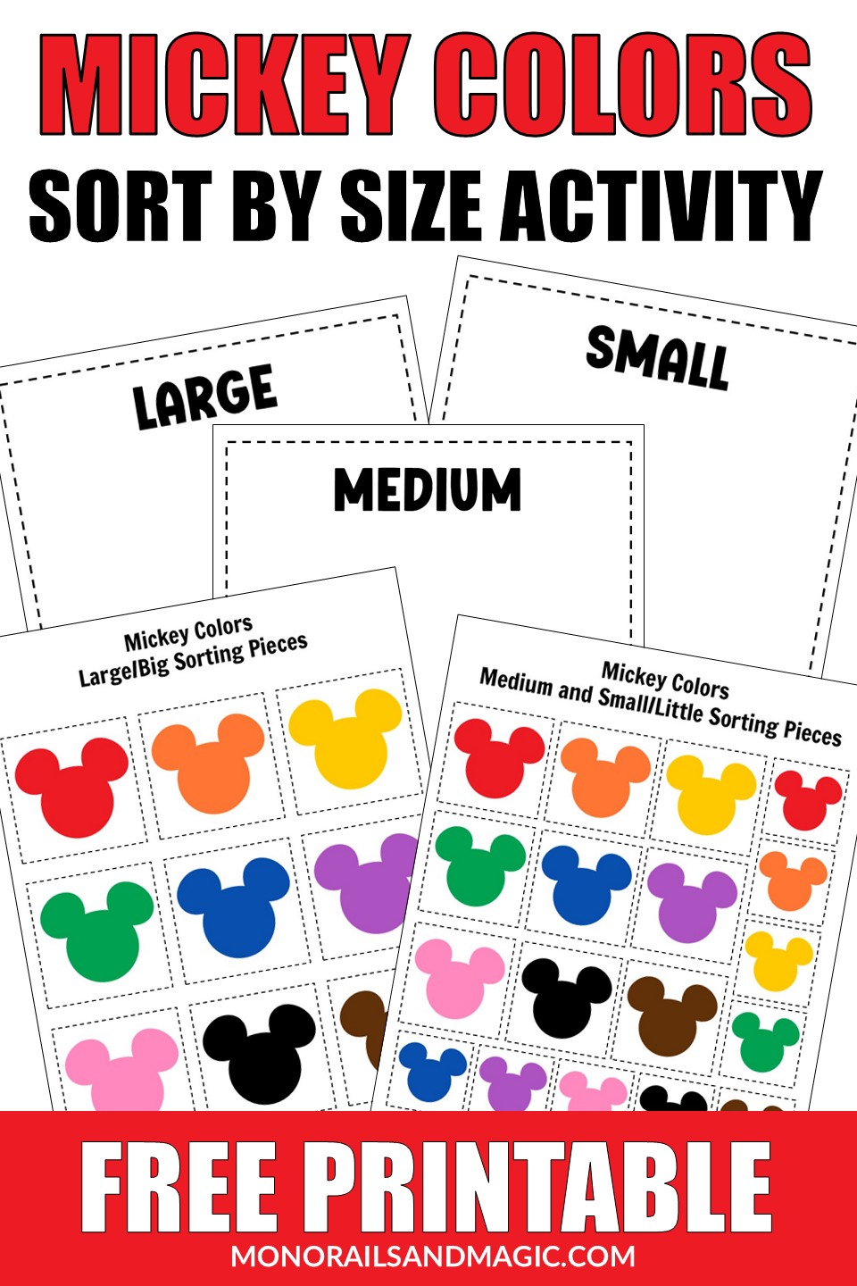 Free printable sort by size activity with different colored Mickey Mouse heads.