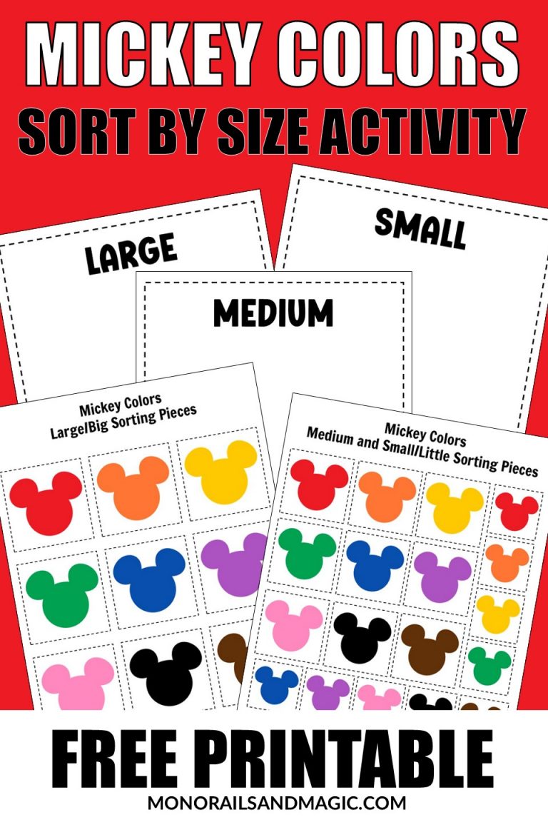 Free printable sort by size activity with different colored Mickey Mouse heads.