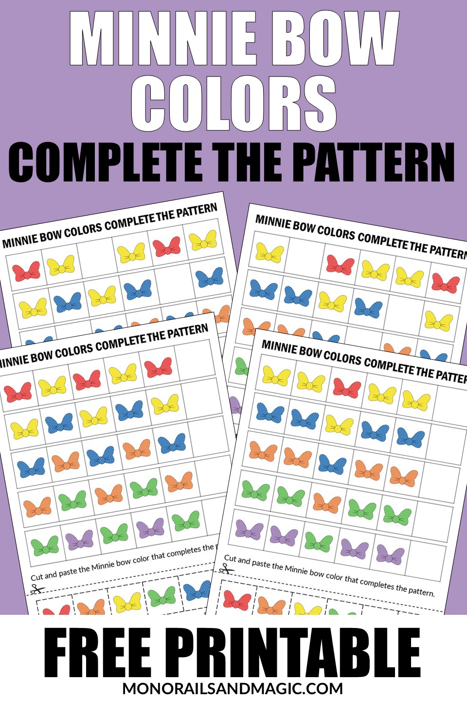 Free printable Minnie Mouse bow complete the pattern activity pages.