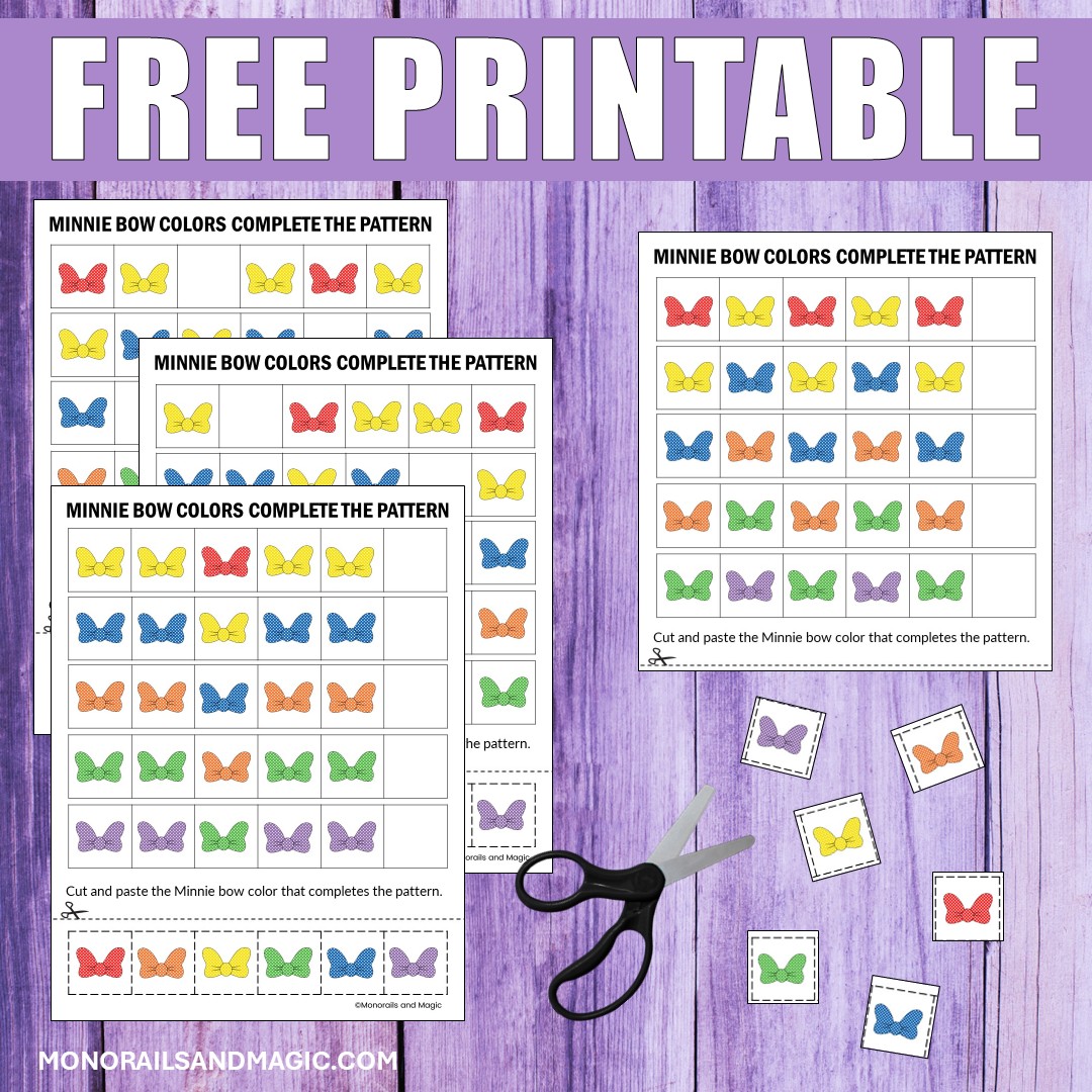 Free printable Minnie Mouse bow complete the pattern activity pages.