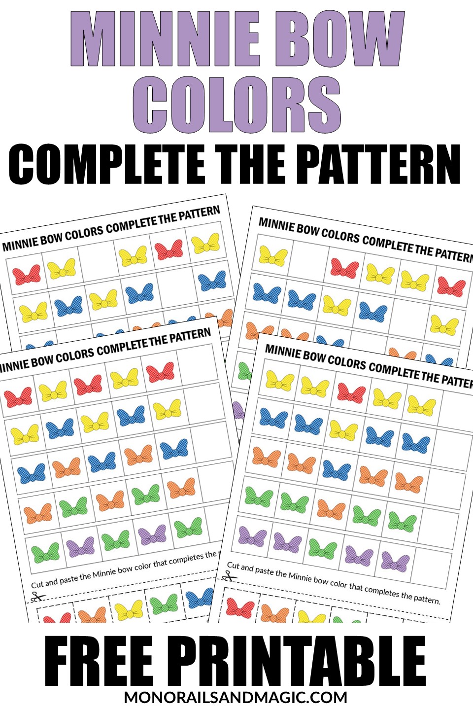 Free printable Minnie Mouse bow complete the pattern activity pages.