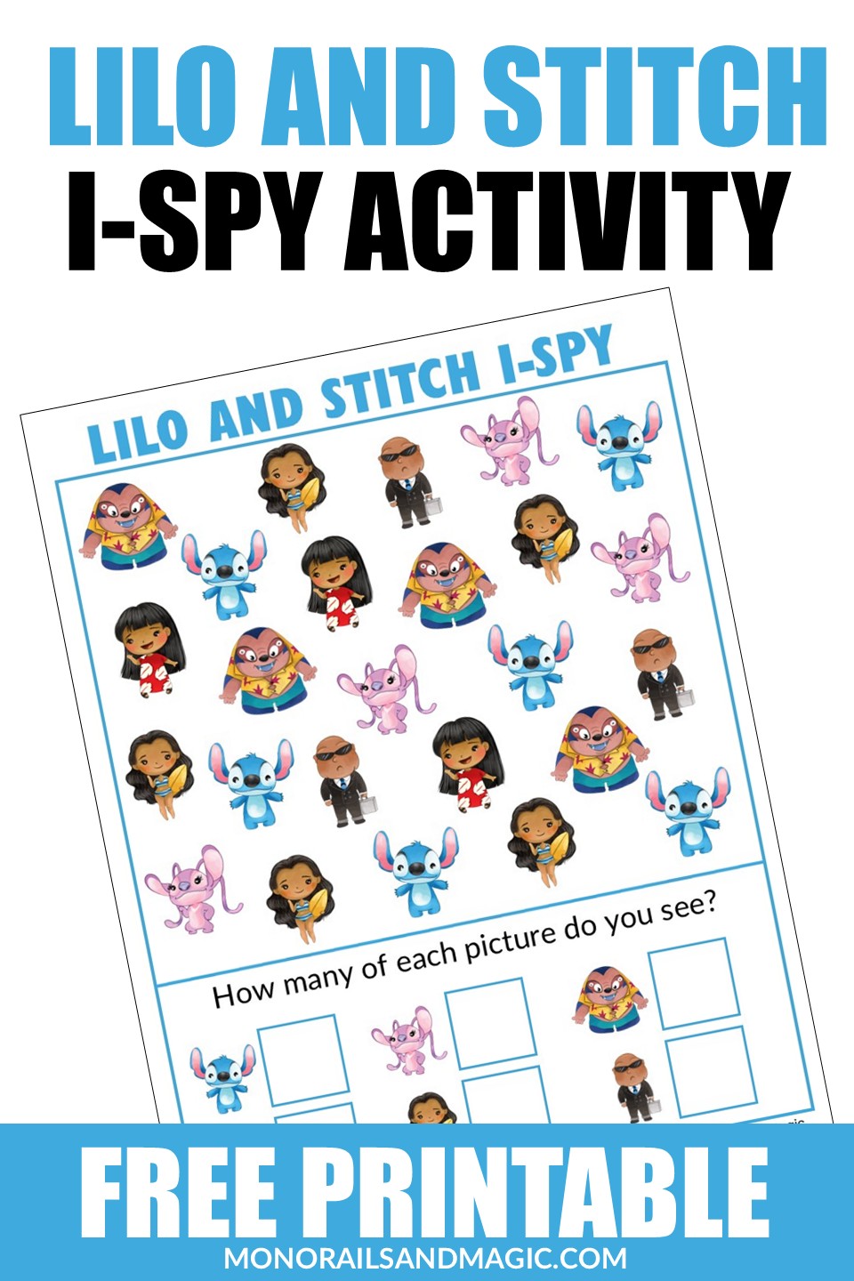 Free printable Lilo and Stitch I-Spy activity for kids.