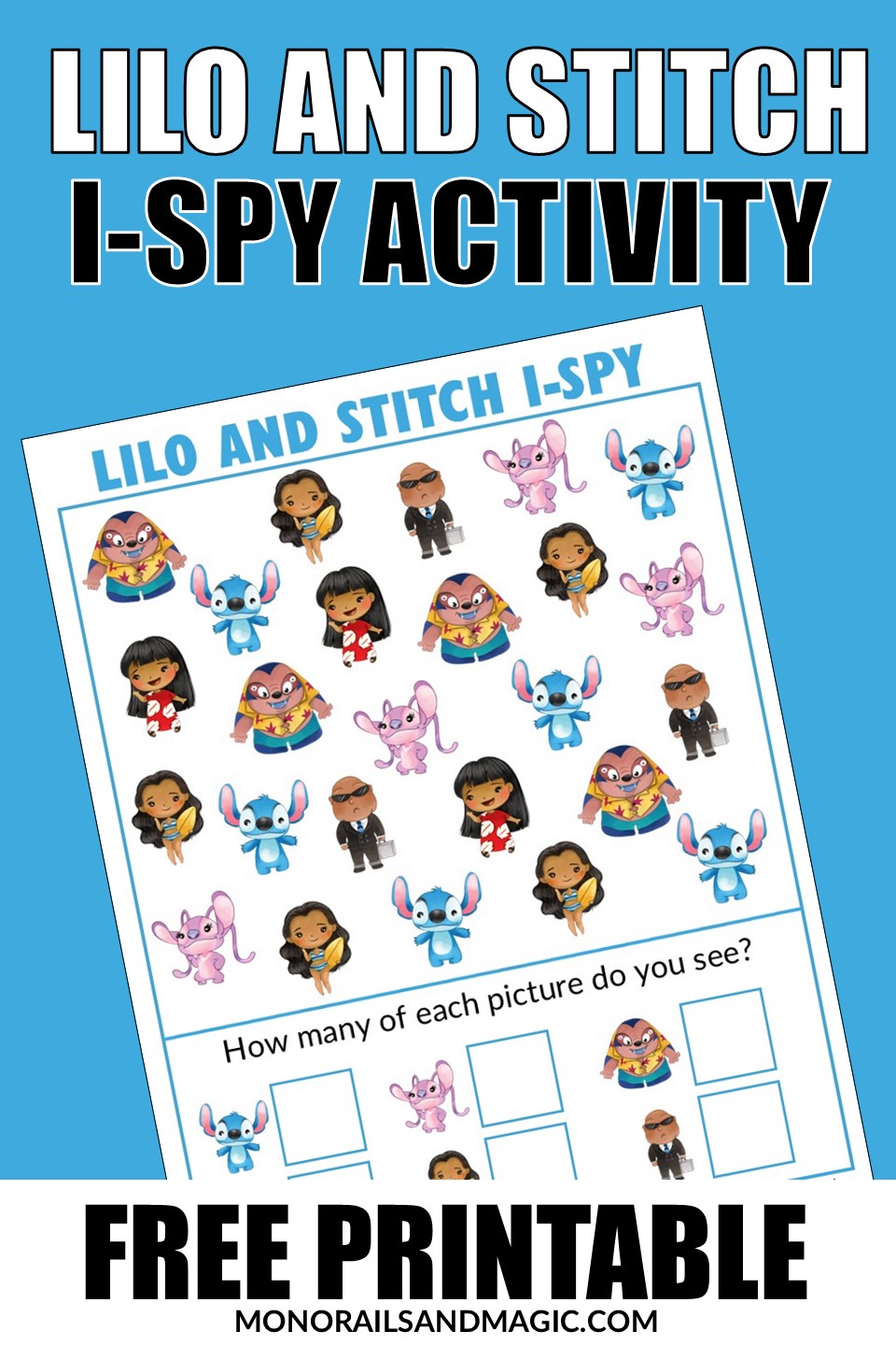 Free printable Lilo and Stitch I-Spy activity for kids.